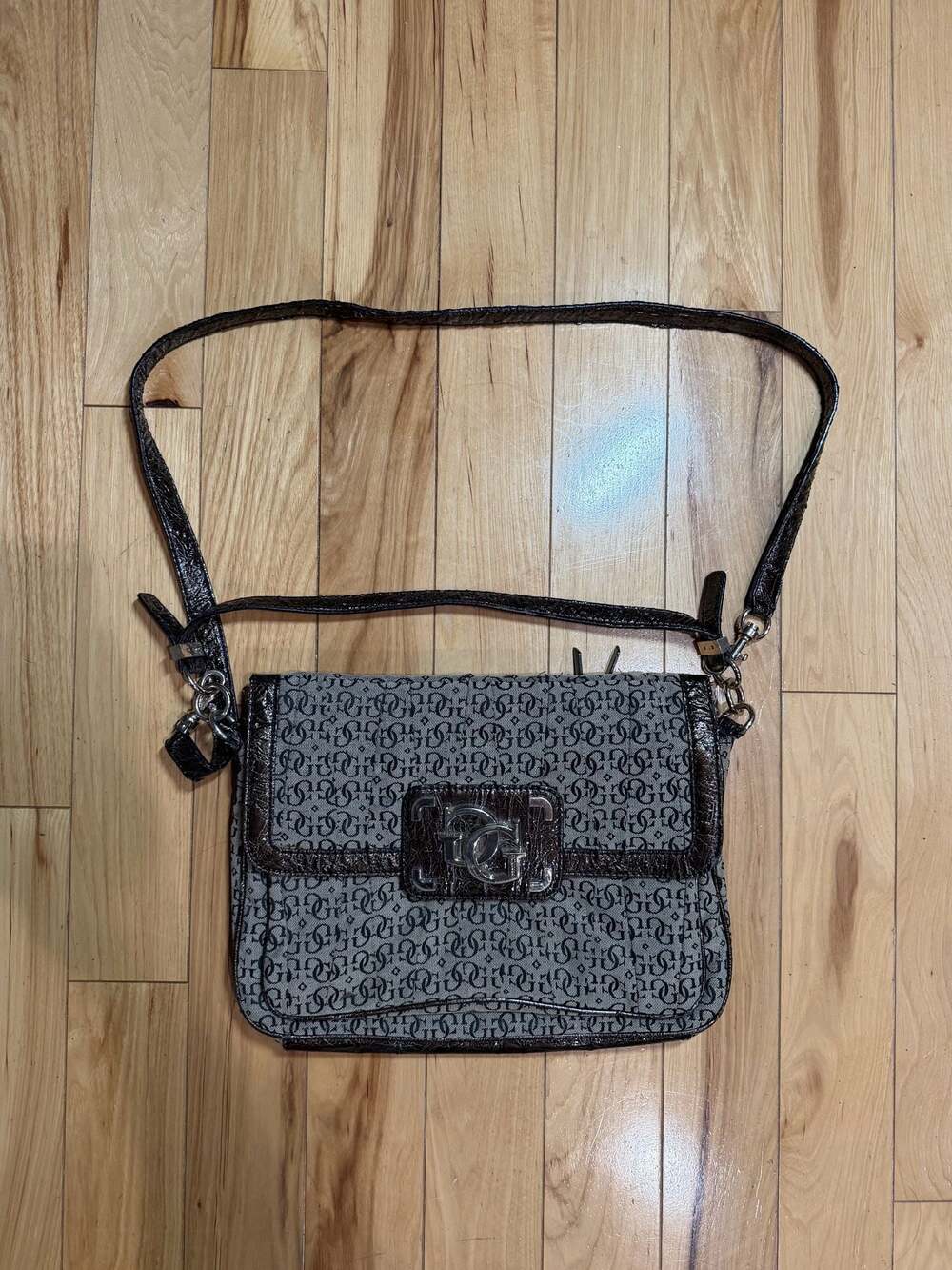 Guess Signature Monogram Flap Shoulder Bag with Faux Croc Trim
